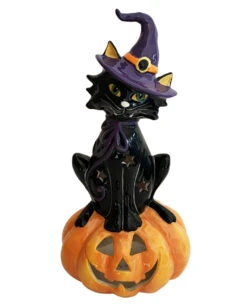 Schwarze Katze Auf Halloween Kürbis Teelichthalter 29cm